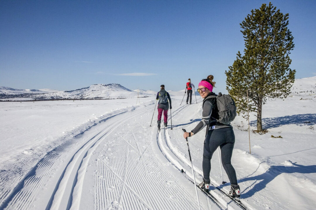 Women cross-country skiing on a snowy track with mountains in Norway under a clear blue sky.
