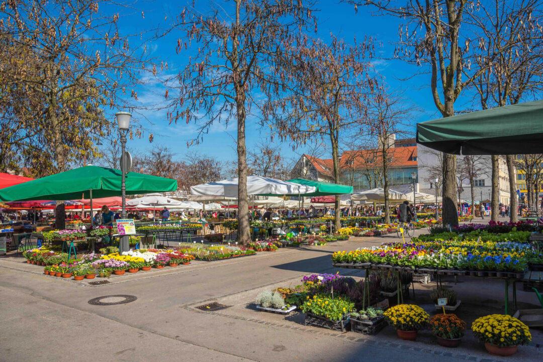 Ljubljana Central Market stalls with colourful flower displays and green tents in spring