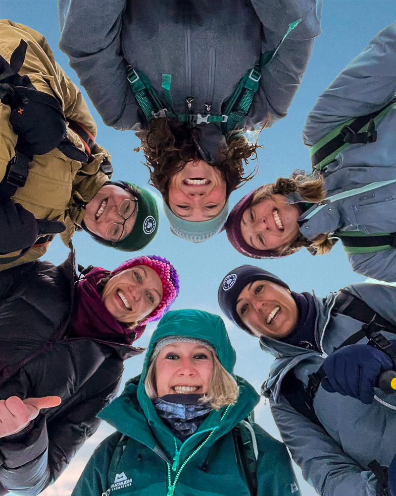 Women in outdoor adventure jackets looking up together against a blue sky.