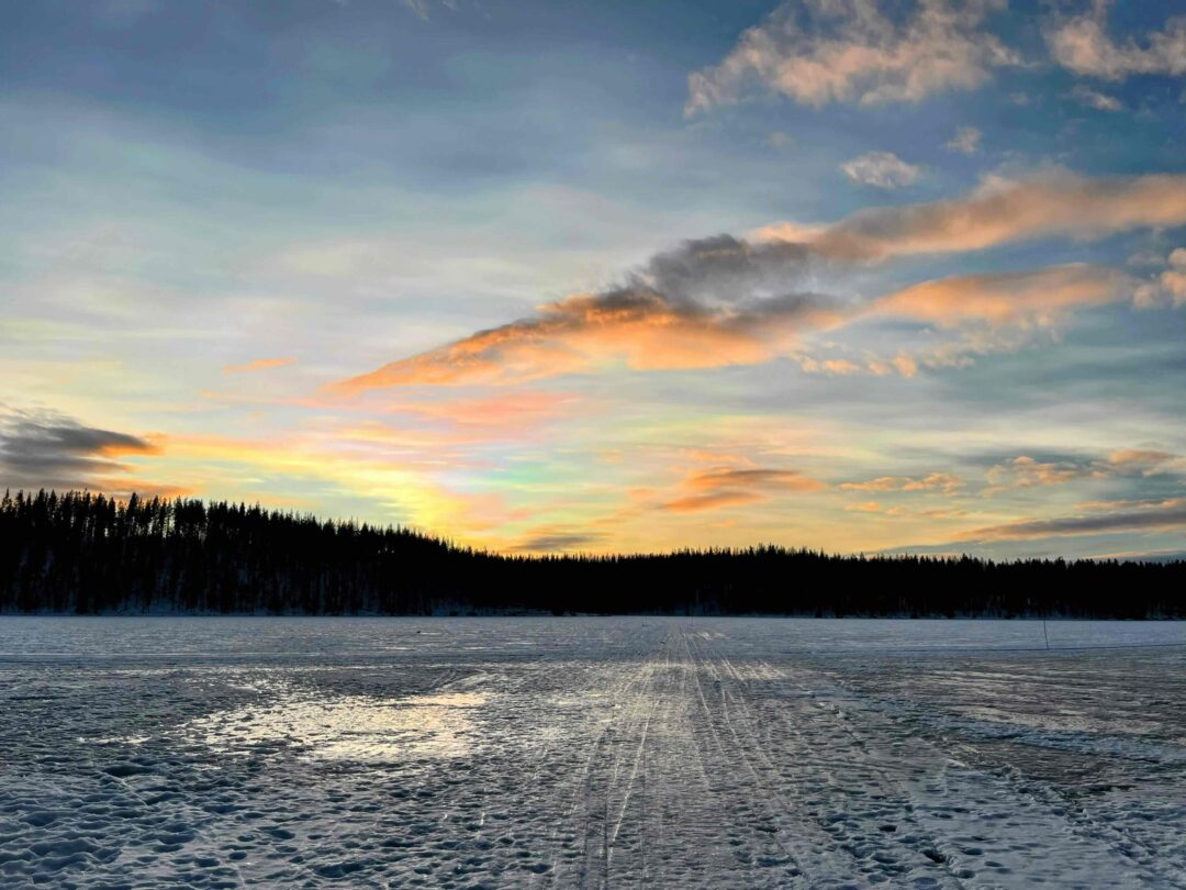 Frozen lake and forest in Finland under colourful daylight northern lights, nacreous clouds at dusk