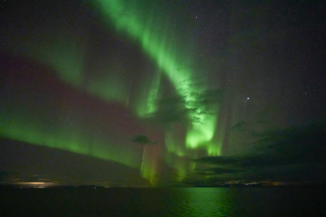 Green aurora borealis over a dark night sky with a calm water shoreline in the foreground