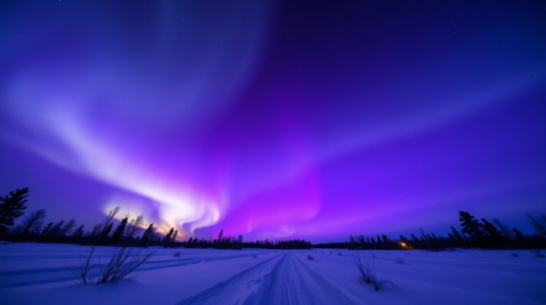 Purple aurora borealis over a snowy road and trees at night
