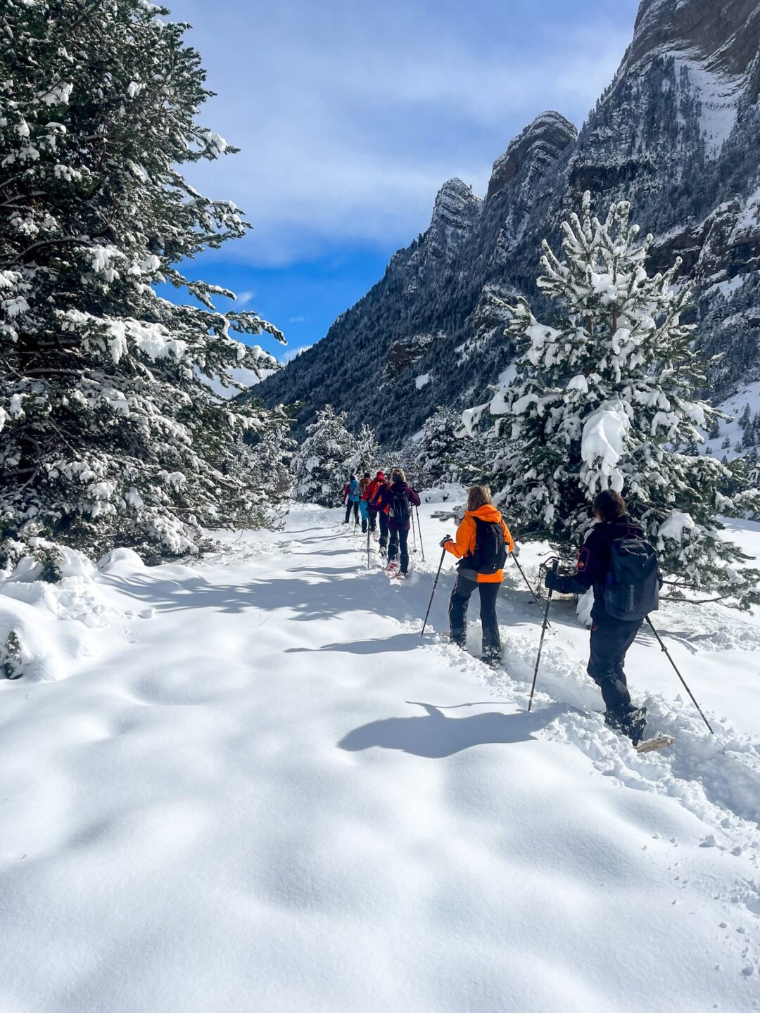 Women snowshoe hiking on a snowy mountain trail in the Alps, winter landscape
