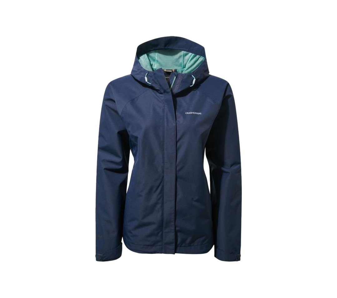 Navy hooded outdoor jacket with Craghoppers logo on the chest