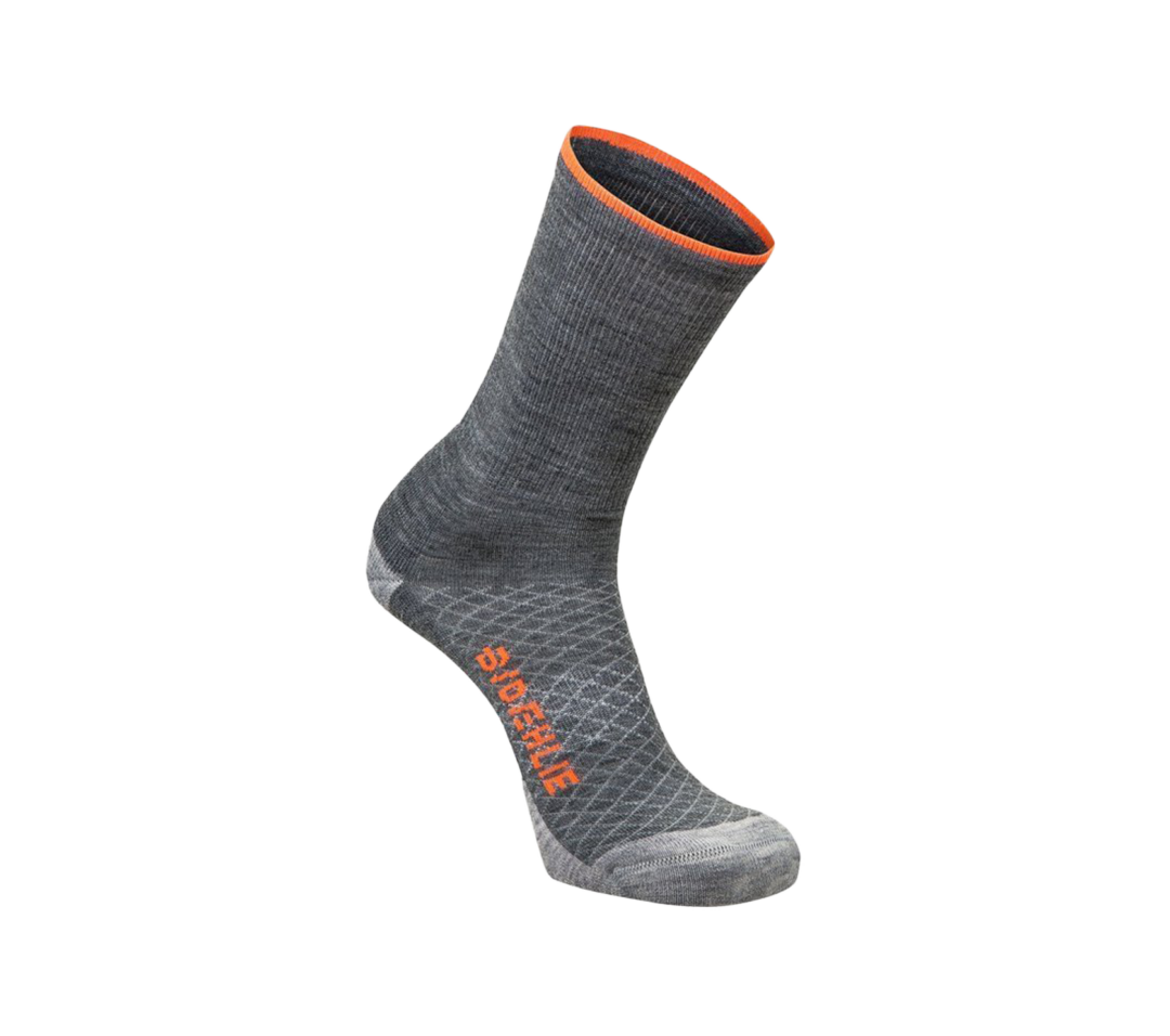 Grey cross-country ski sock with orange trim and cushioned sole band