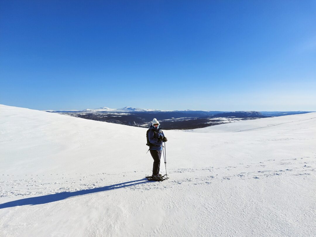 Woman cross-country skiing on a snow-covered ridge with ski poles, overlooking a wide winter landscape