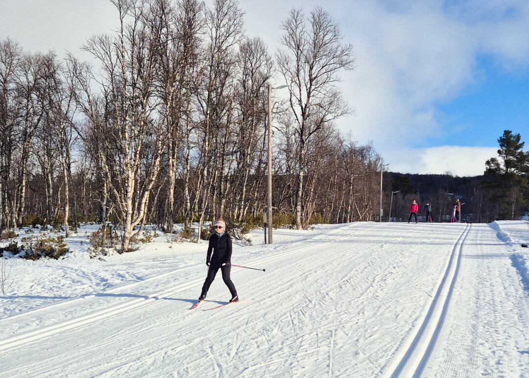 Woman cross-country skiing on a snowy trail through a winter forest