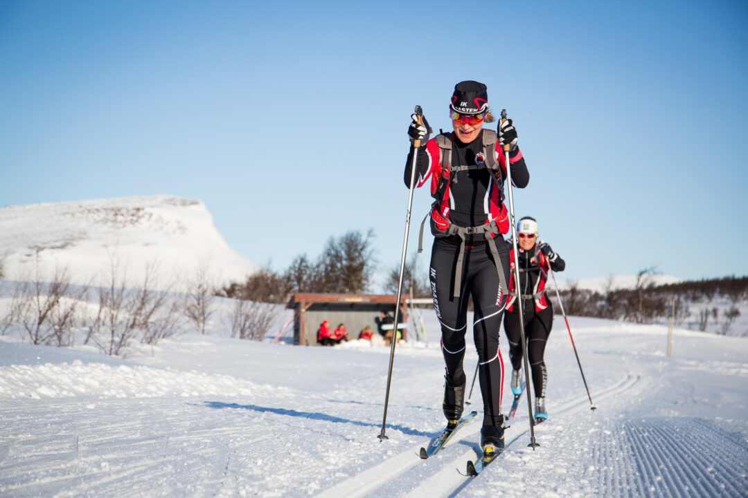 Cross-country skiers in winter kit gliding on a groomed snowy trail under clear blue skies