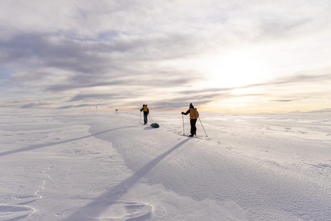 Two women cross-country skiing on snow at sunset, with skis and trekking poles in a winter landscape