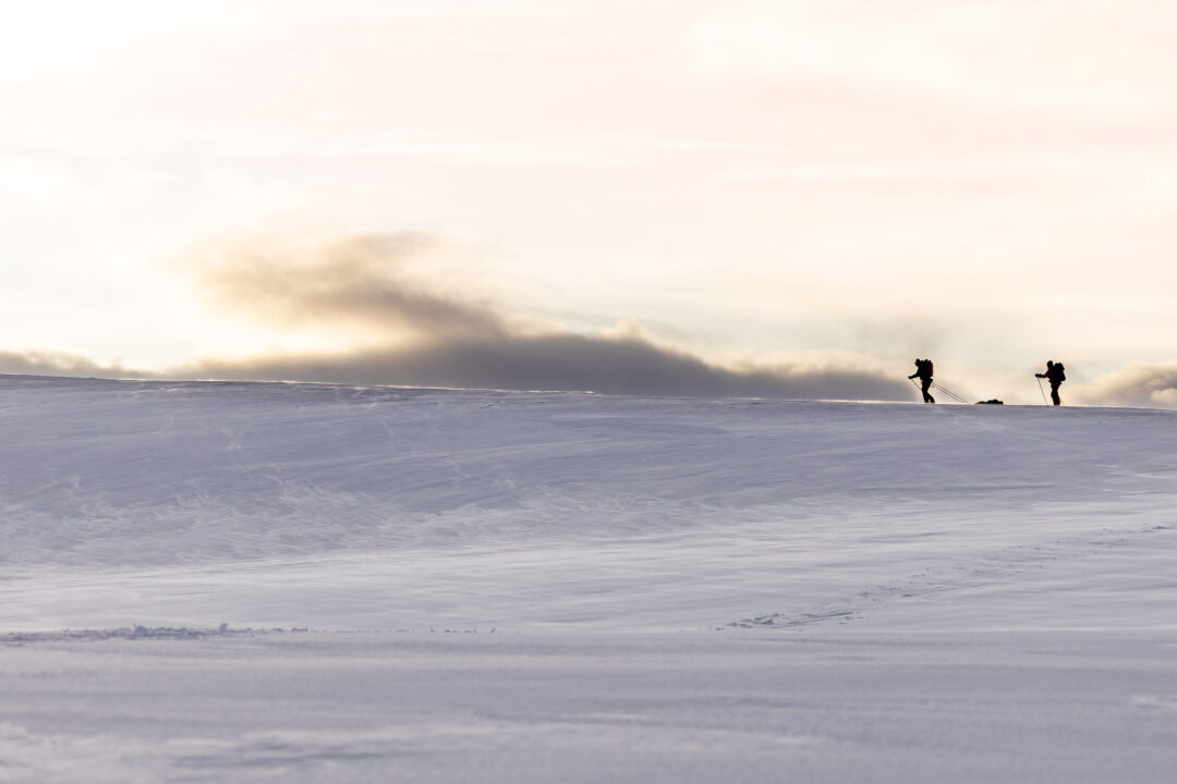 Two women backcountry skiers silhouette on a snowy slope at dusk, with ski poles in the landscape