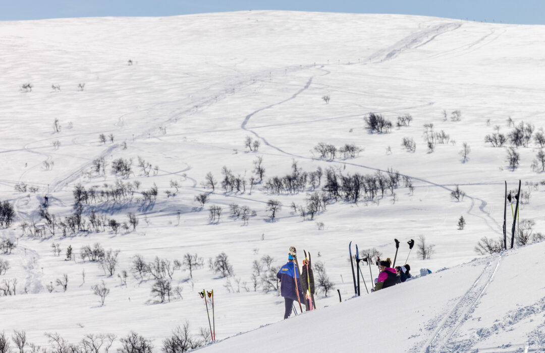 Beginners cross-country skiing across a snowy Swedish hillside with ski tracks and a small group in view