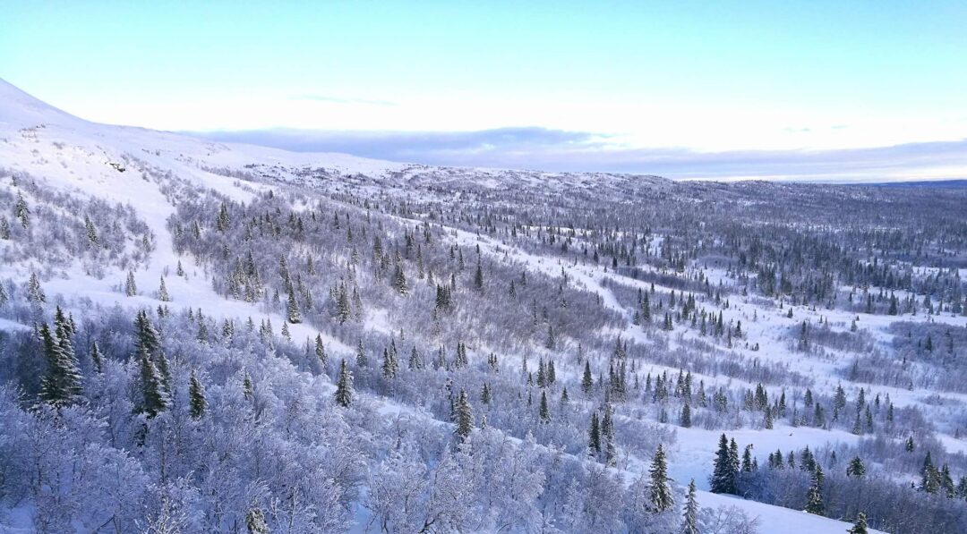 Snowy downhill ski slopes over a winter valley landscape in Sweden