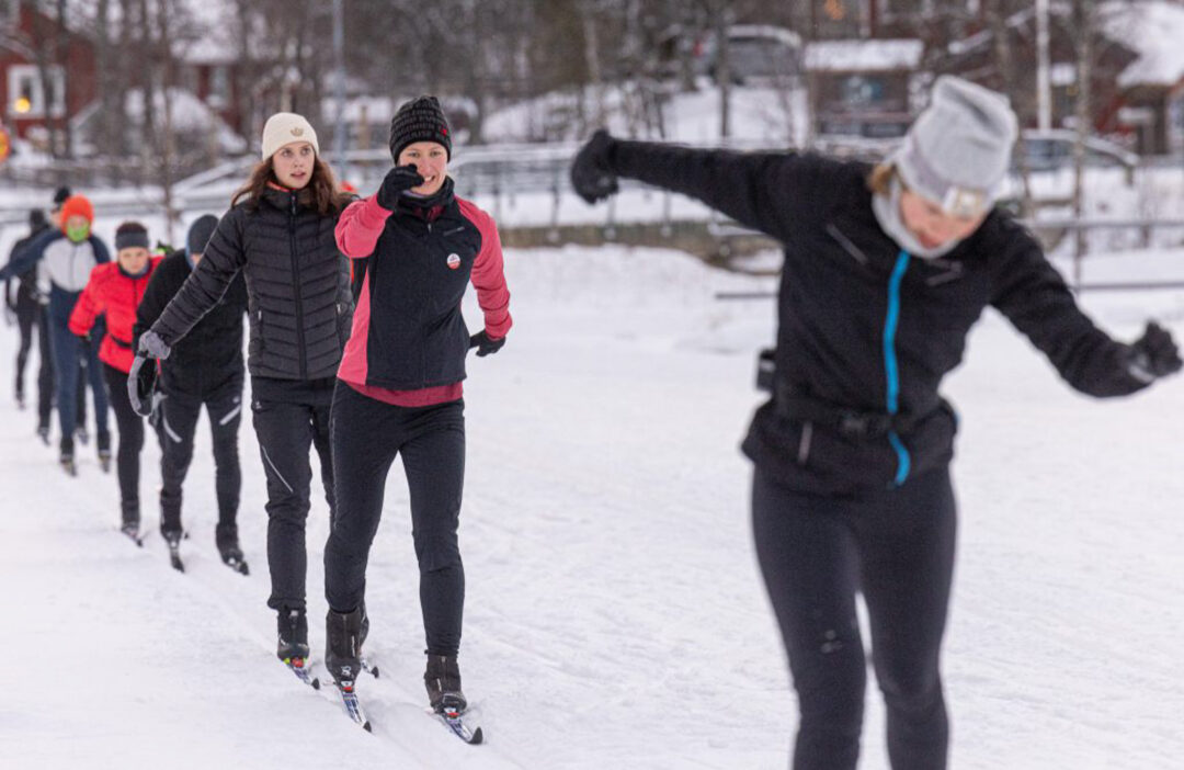 Beginner cross country skiers in a snowy Swedish park, with instructors guiding participants in winter jogging.