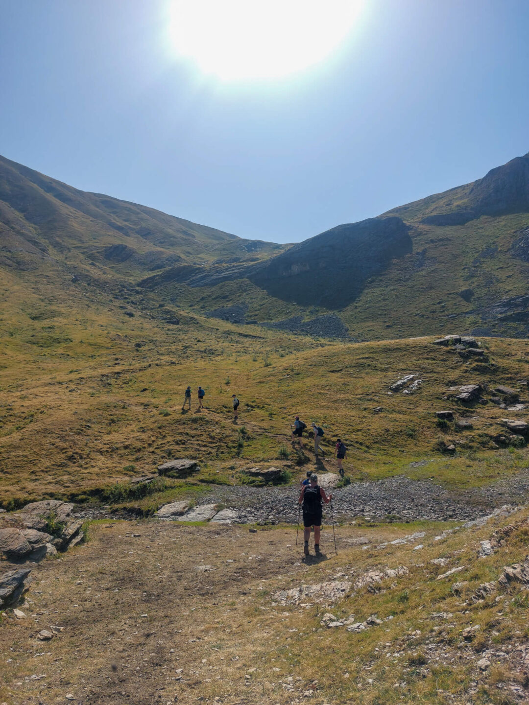 Hikers on a mountain trail through green Pyrenees valleys under a bright blue sky