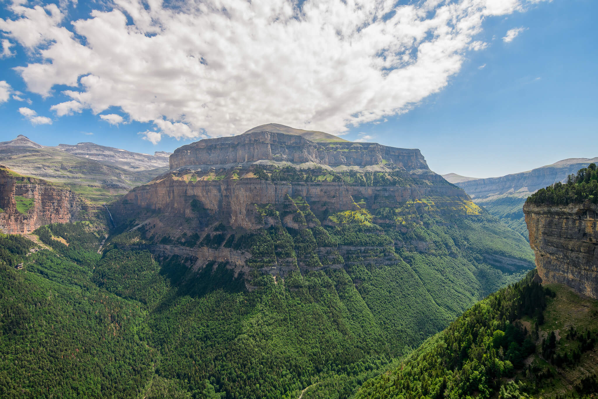 Mountain valley view in the Spanish Pyrenees with forested slopes and rocky cliffs under blue sky