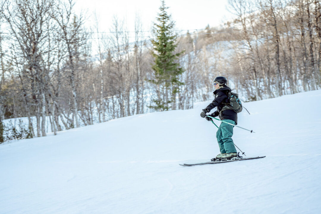 Beginner skier downhill on a snowy piste in Sweden, carving smoothly with ski poles among pine trees
