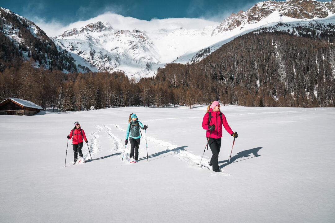 Snowshoe hikers on a snowy trail in the Dolomites, surrounded by alpine mountains and fresh snow