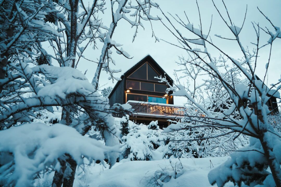 Cozy wooden cabin in snowy Lofoten forest at dusk, warm lights glowing between snow-covered trees