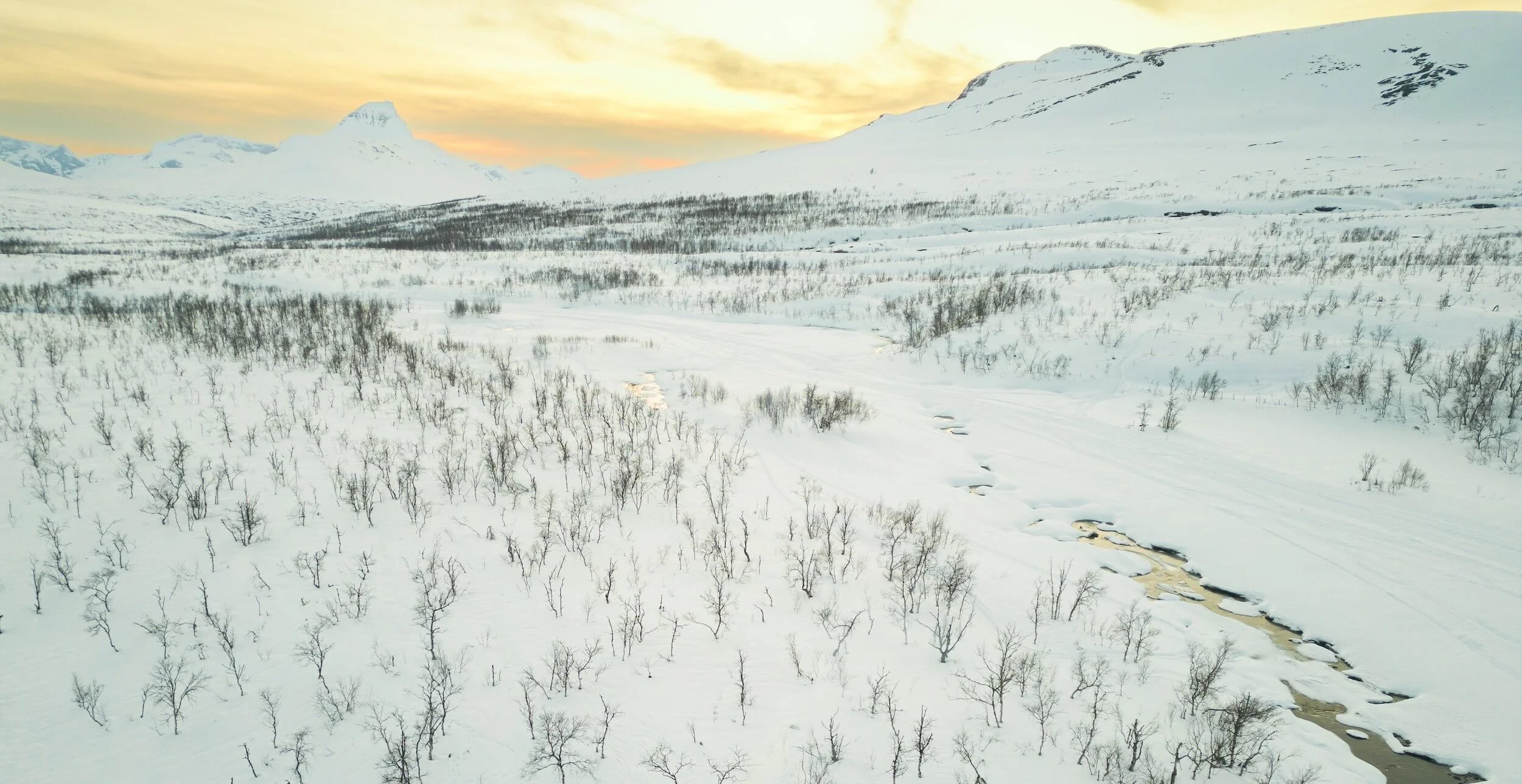 Snowy Arctic tundra with a ski trail winding through the white landscape toward mountains at dusk