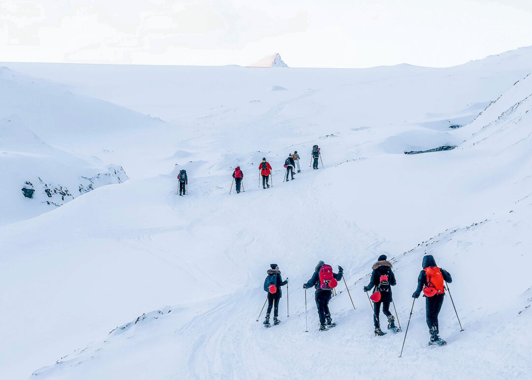 Women snowshoeing across snowy Svalbard landscape, trekking through Arctic wilderness.