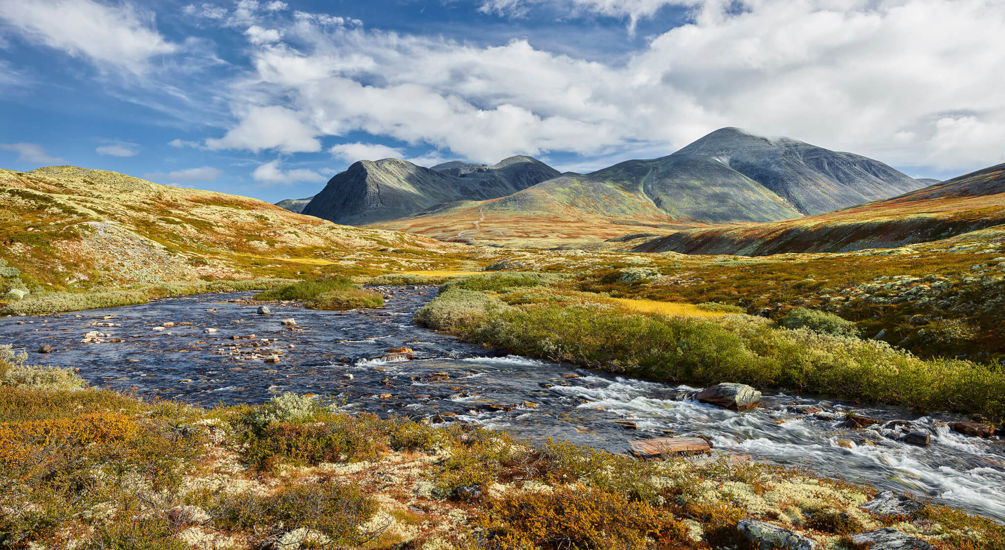 Mountain hiking landscape in Norway with a winding stream through grassy valley and peaks under cloudy skies