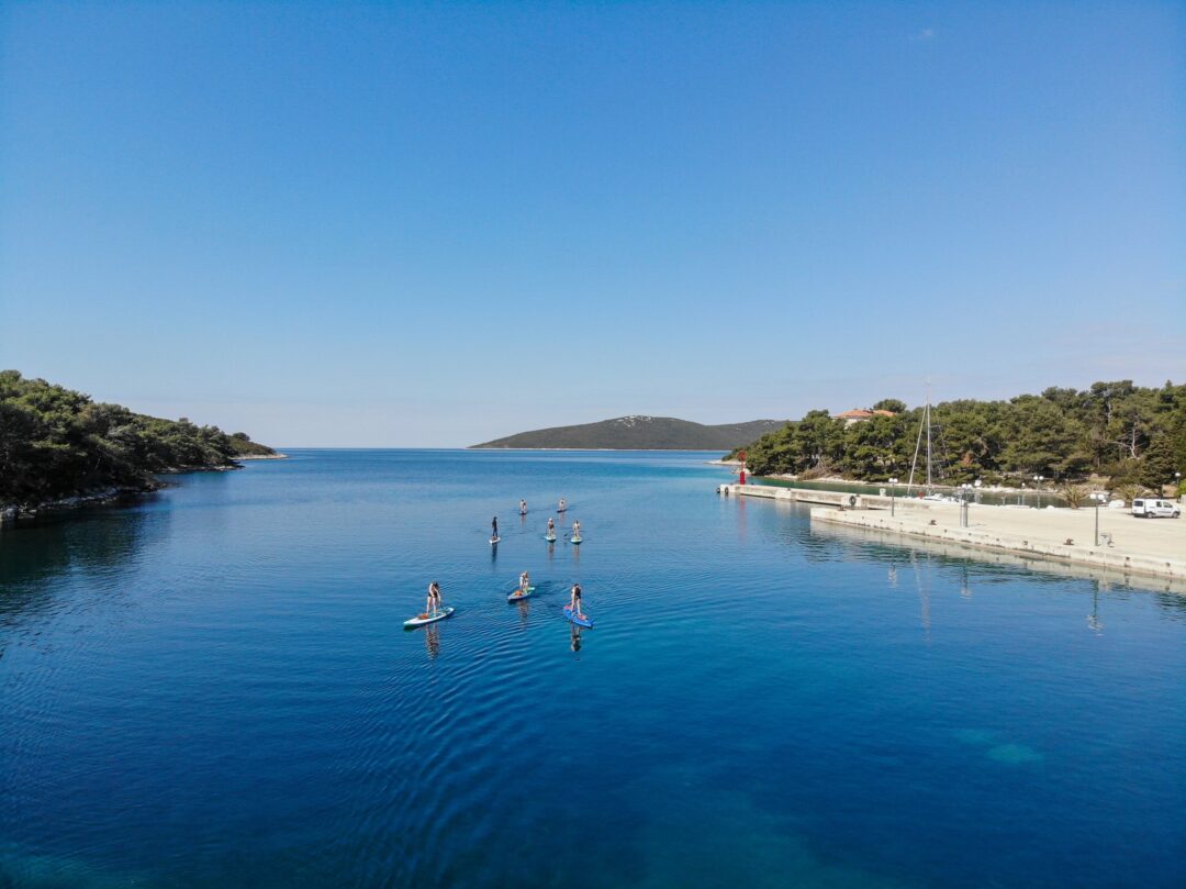 Women paddleboarding on calm blue water near a coastal harbour and islands