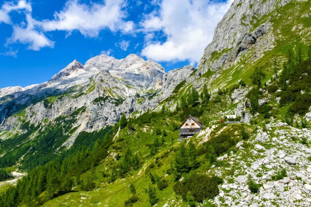 Alpine mountain hut beside a hiking trail in a green valley with snow-capped peaks