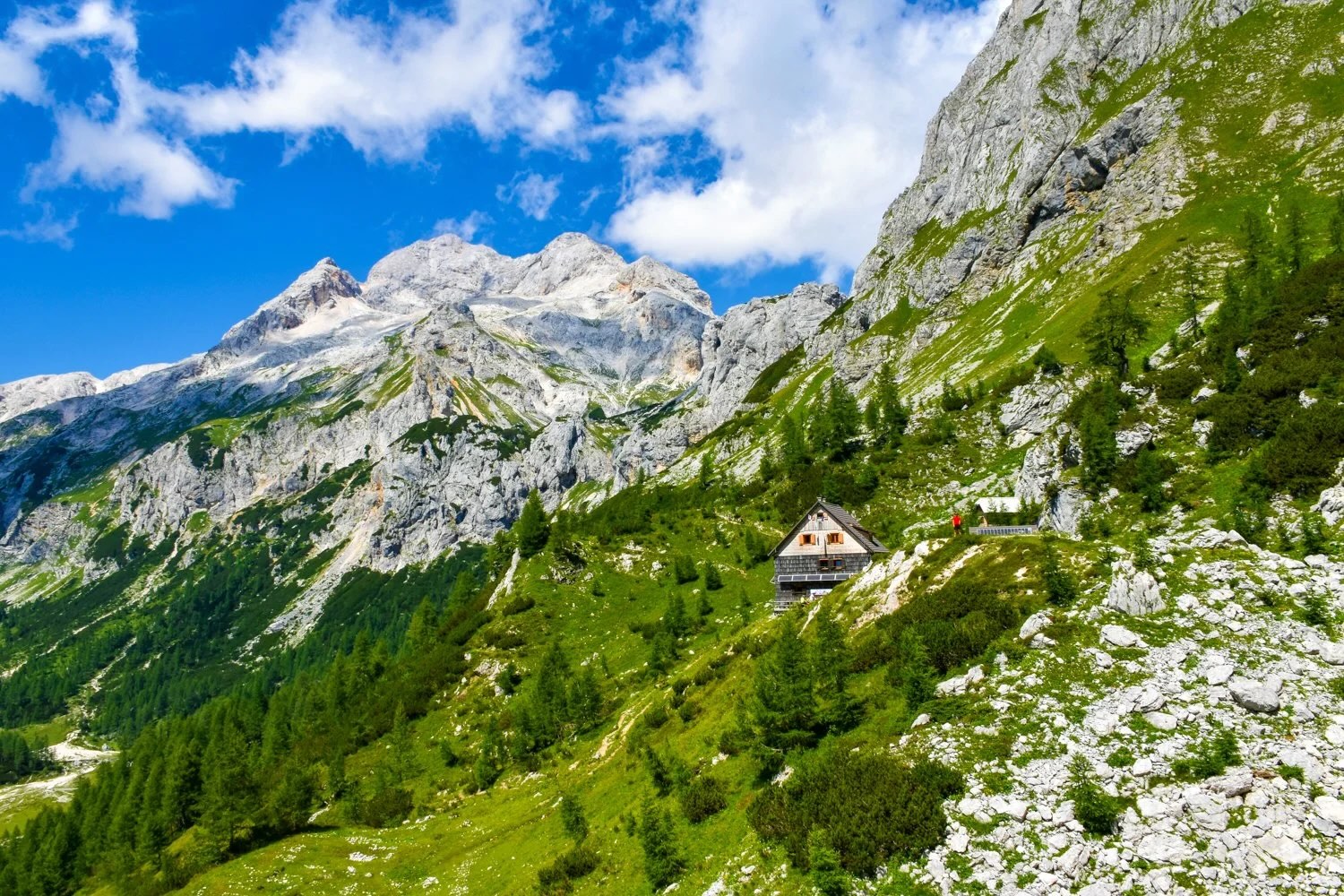 Alpine mountain hut beside a hiking trail in a green valley with snow-capped peaks