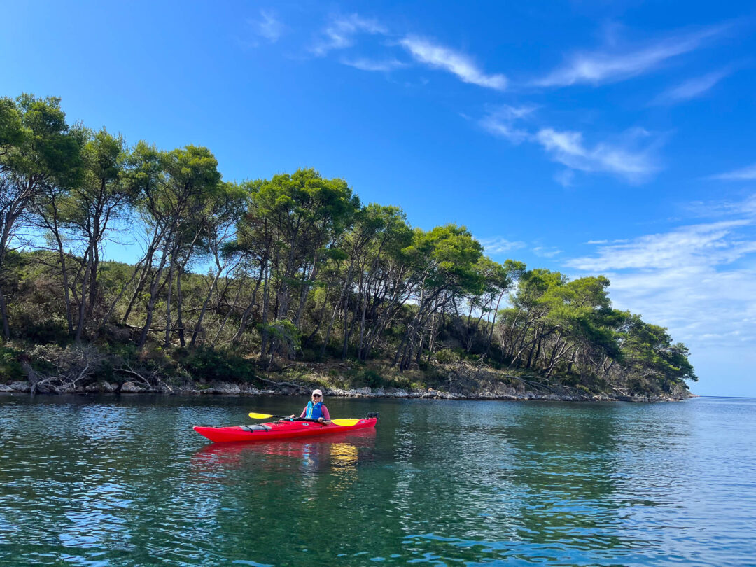 Woman kayaking on calm water past a forested coastline under a blue sky