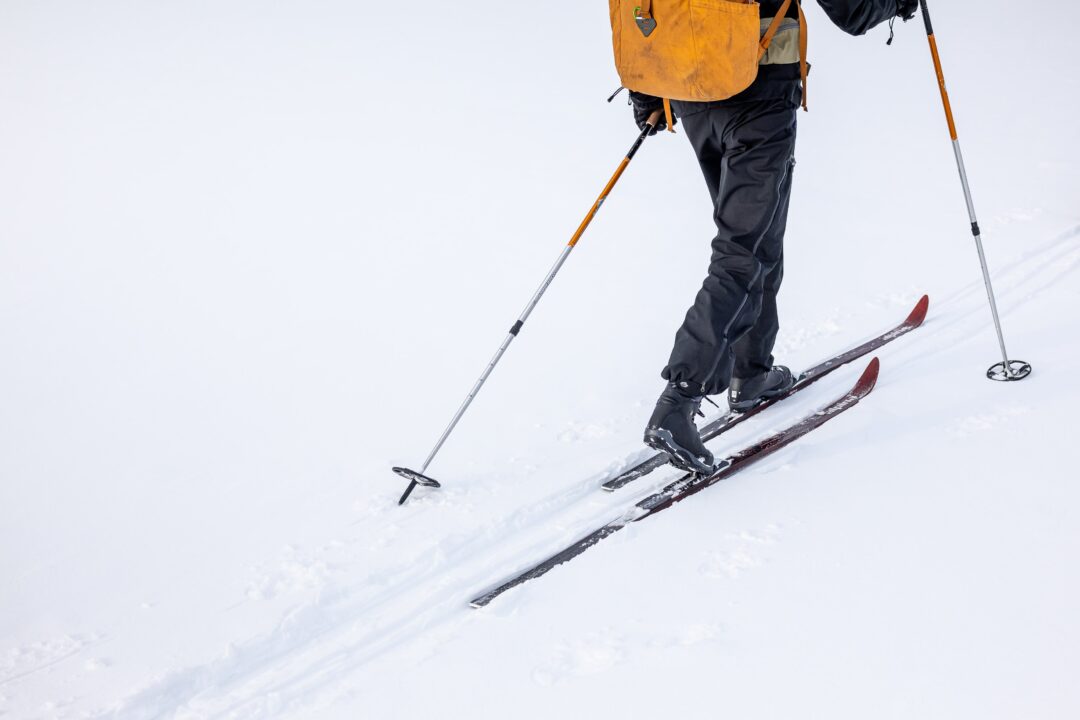 Woman cross-country backcountry skiing with poles, winter camping on snowy ground
