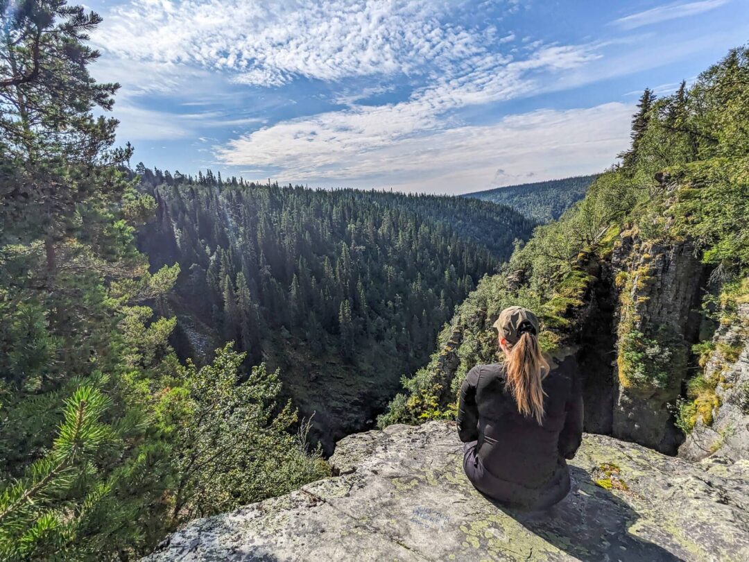 Woman hiking on a rocky viewpoint overlooking a forest valley in Norway’s national park landscape