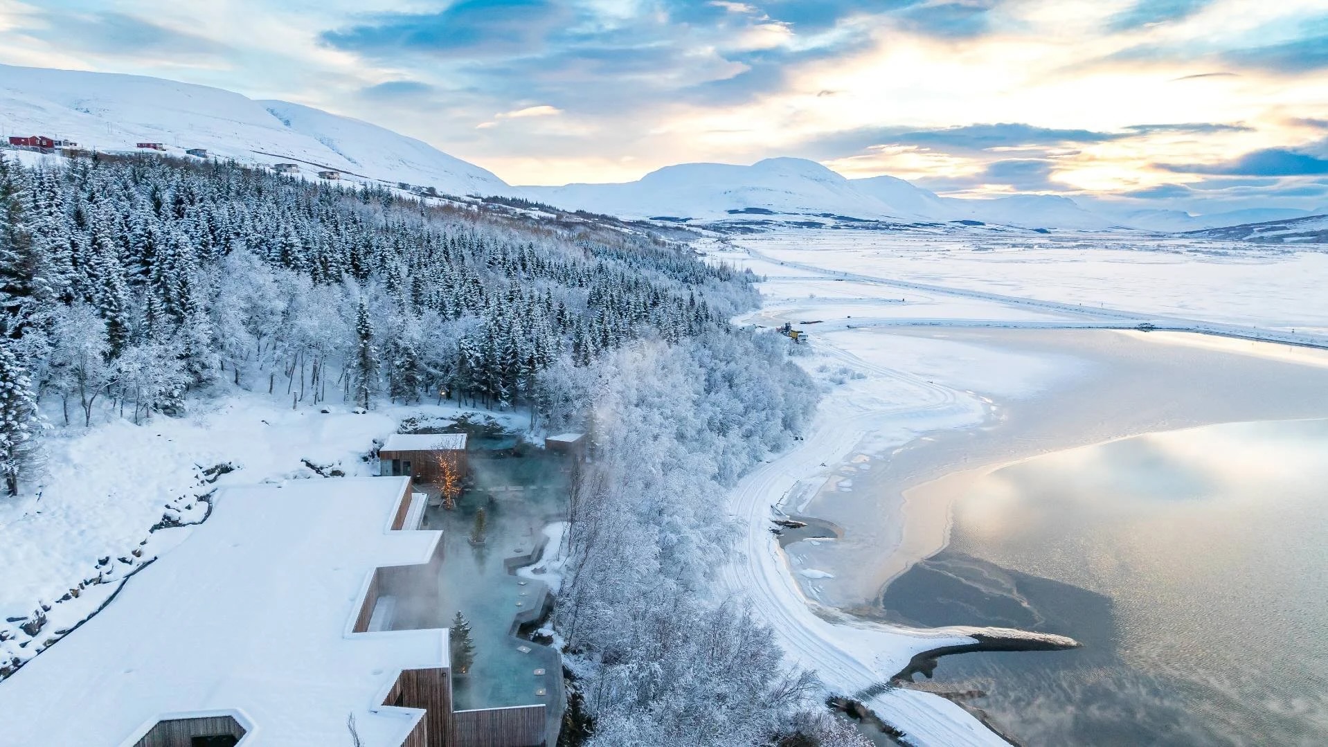 snowy landscape with spa in iceland