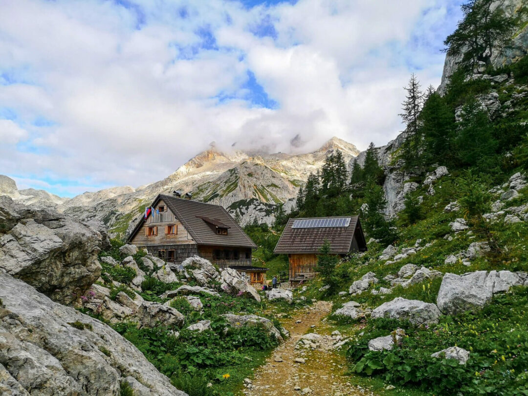 Alpine mountain huts on a hiking trail in Slovenia