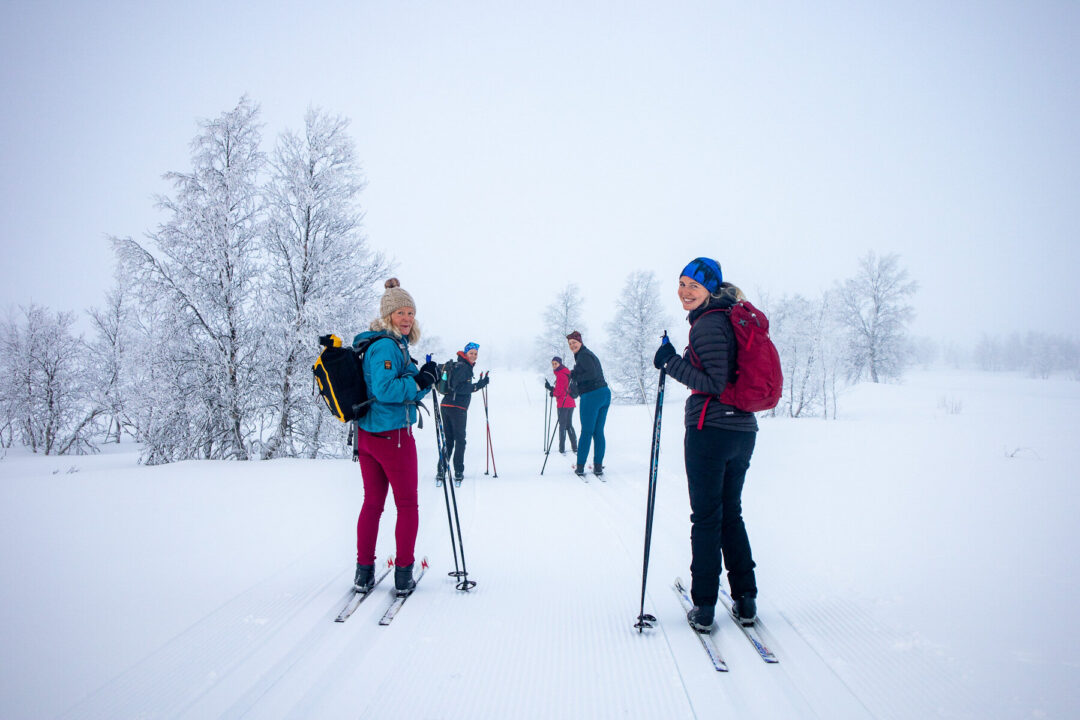 Women Nordic skiing on a snowy trail through a winter forest landscape