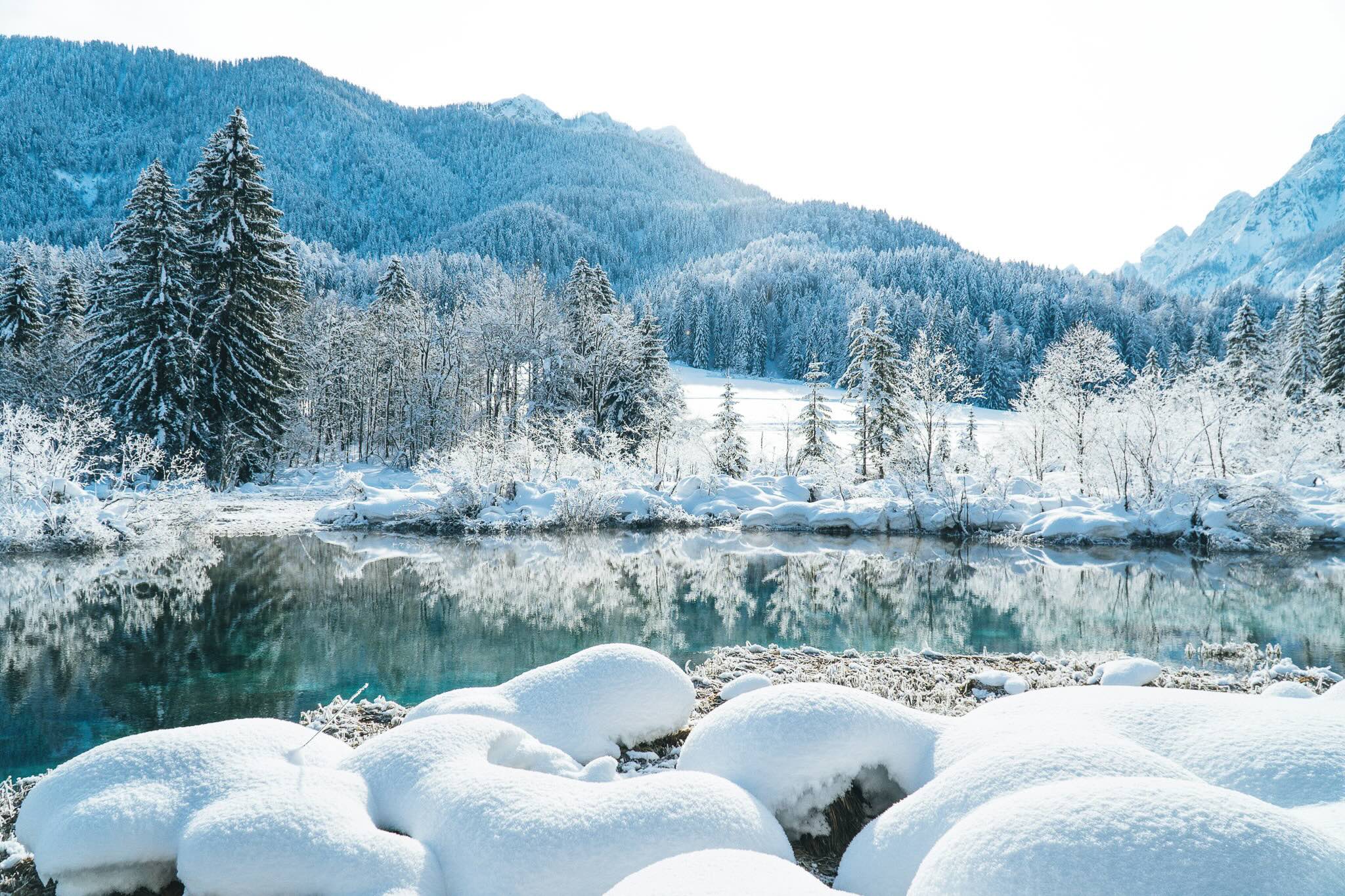 Snow-covered landscape with pine trees and a frozen river beside alpine mountains in winter Europe