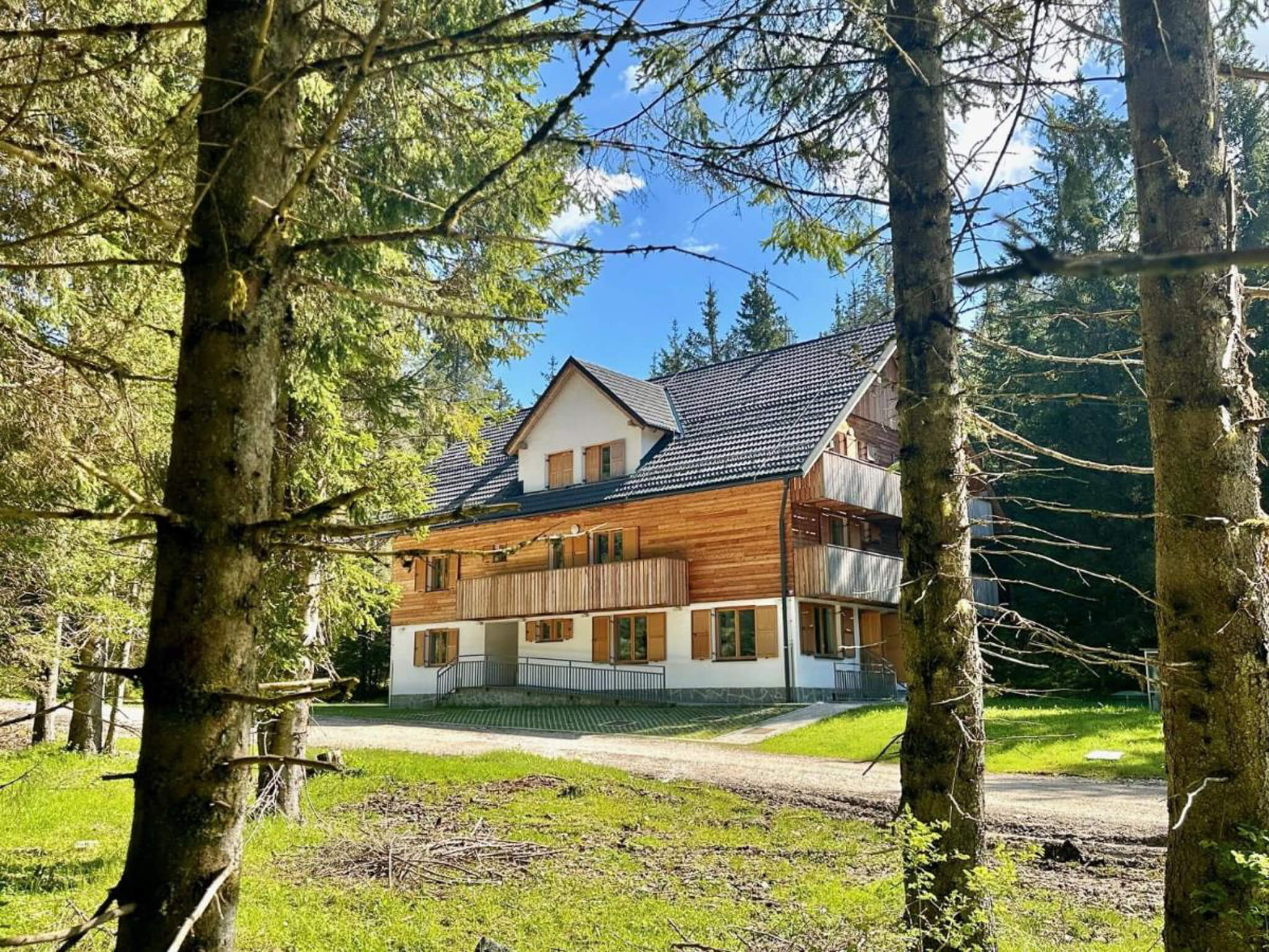 Alpine hiking hut lodge in a forest clearing with tall trees and mountain views