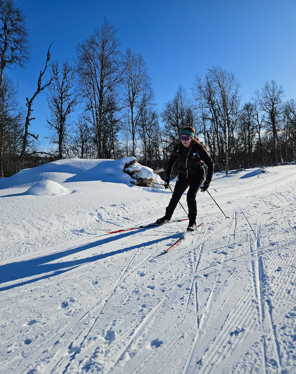 Woman cross country skiing on snowy landscape in Sweden