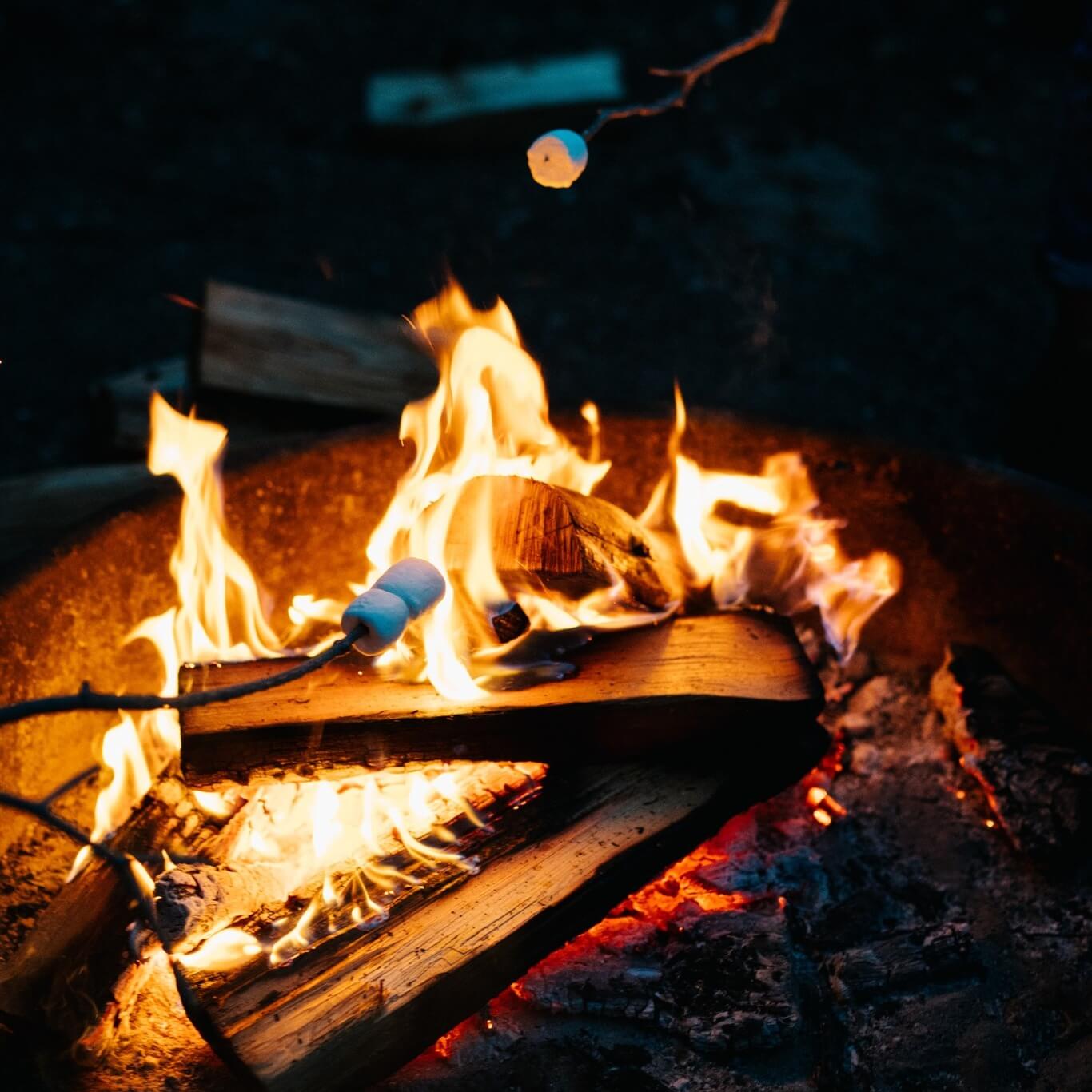 Wood-burning campfire with flames and roasting sticks outdoors at night