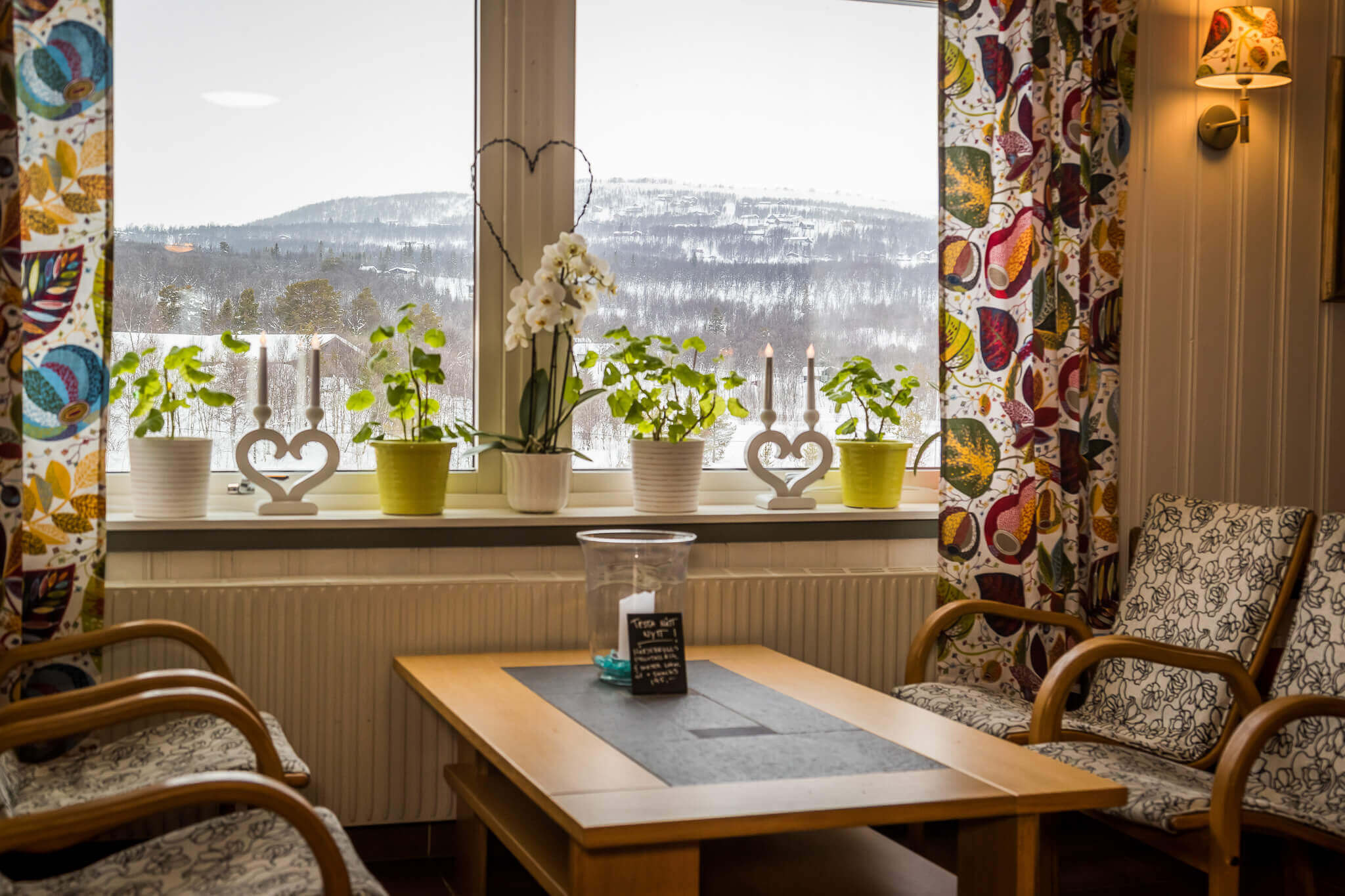 Cozy cafe seating by a window with potted plants, looking out at snowy hills
