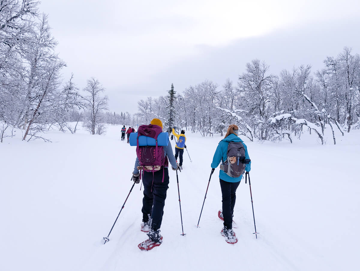 Two women snowshoeing through a winter landscape