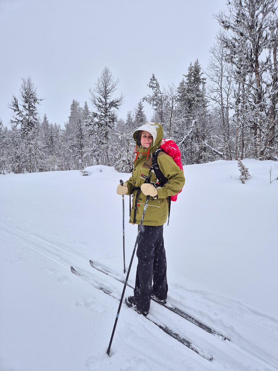 Women cross-country skiing on snowy tracks through a winter forest with trees dusted in snow