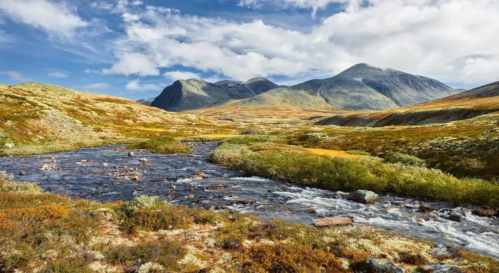 Mountain valley with a winding stream through grassy tundra and distant peaks under a cloudy sky