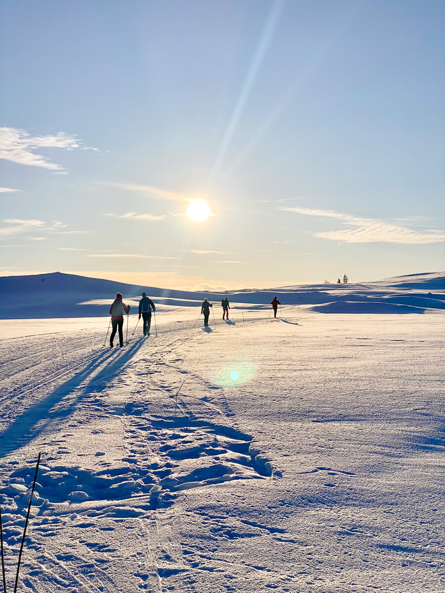 Women cross-country skiing across snowy landscape at sunrise