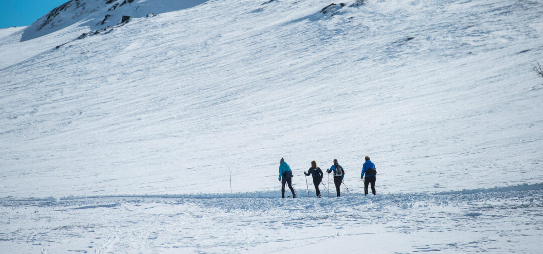 Cross-country skiers trekking across a snowy mountain landscape under a clear blue sky