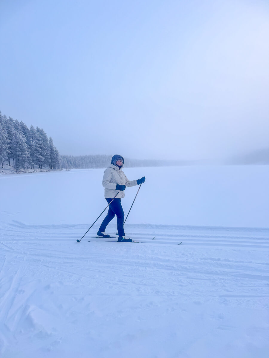 Woman cross-country skiing on a snowy trail through a winter landscape