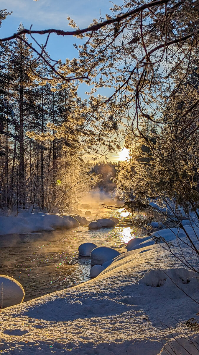 Snow-covered forest landscape with a river and steam, winter morning light shining through trees.