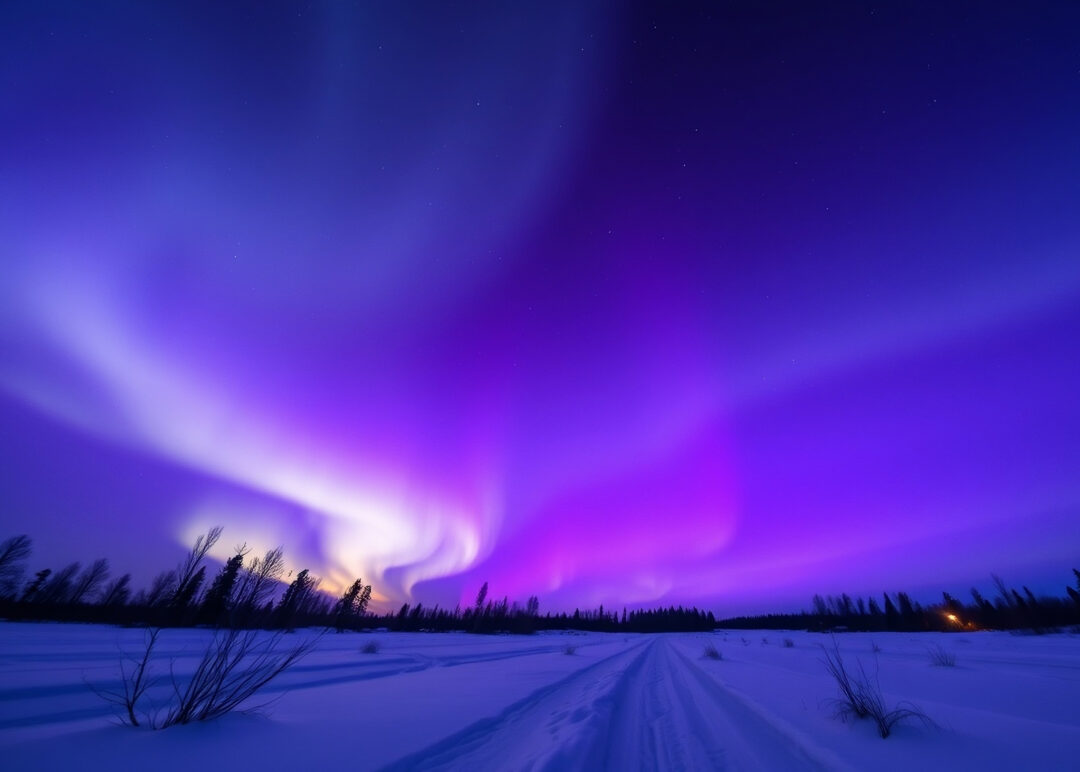Northern lights over a snowy Arctic road at night, with pine silhouettes and dark landscape in view