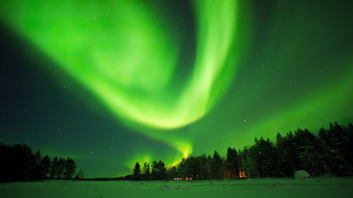 Northern lights over a winter landscape in Finland, with a cross-country ski trail and snowy trees at night