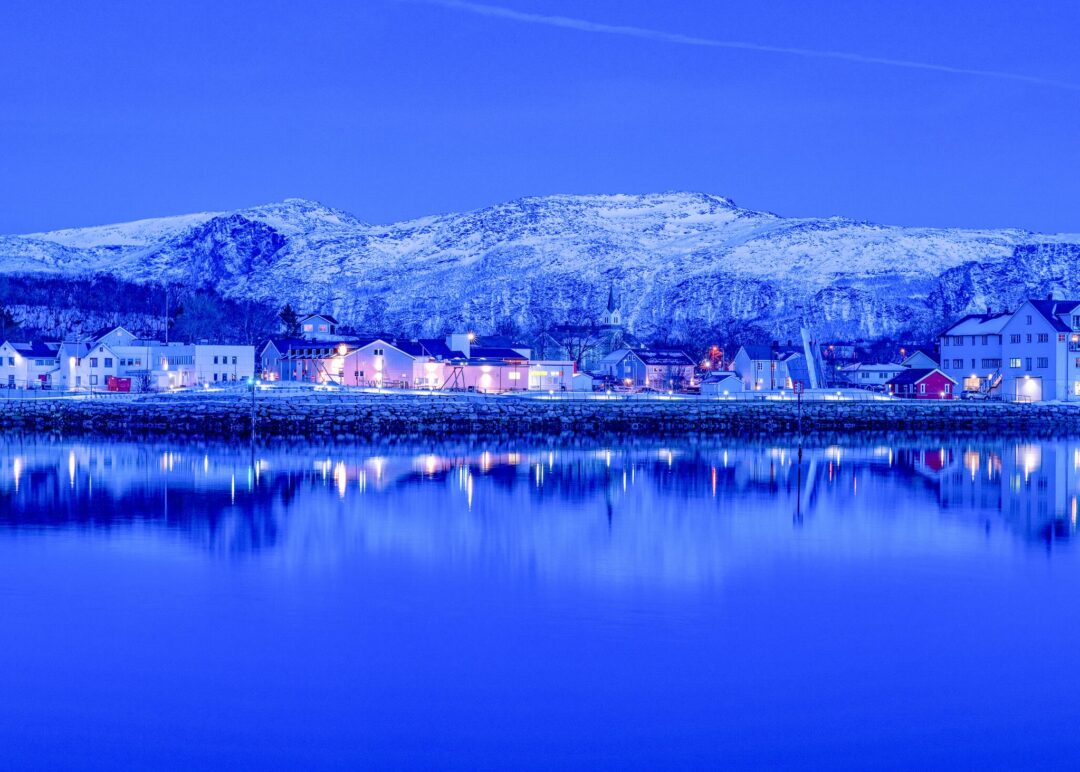 Northern lights over a snowy coastal village and calm water in an Arctic winter landscape