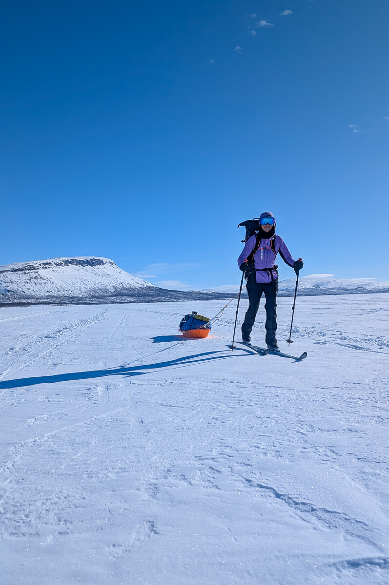 Woman backcountry cross-country ski touring in snowy Lapland with a rucksack and skis under a clear blue sky